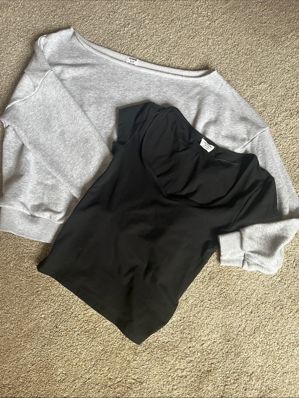 Cotton-On Set — Black Scoop Neck Tee & Light Gray Off-Shoulder Sweatshirt